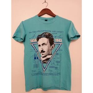Rare Nikola Tesla Graphic T-Shirt Turquoise Science Art Energy Frequency SZ S
